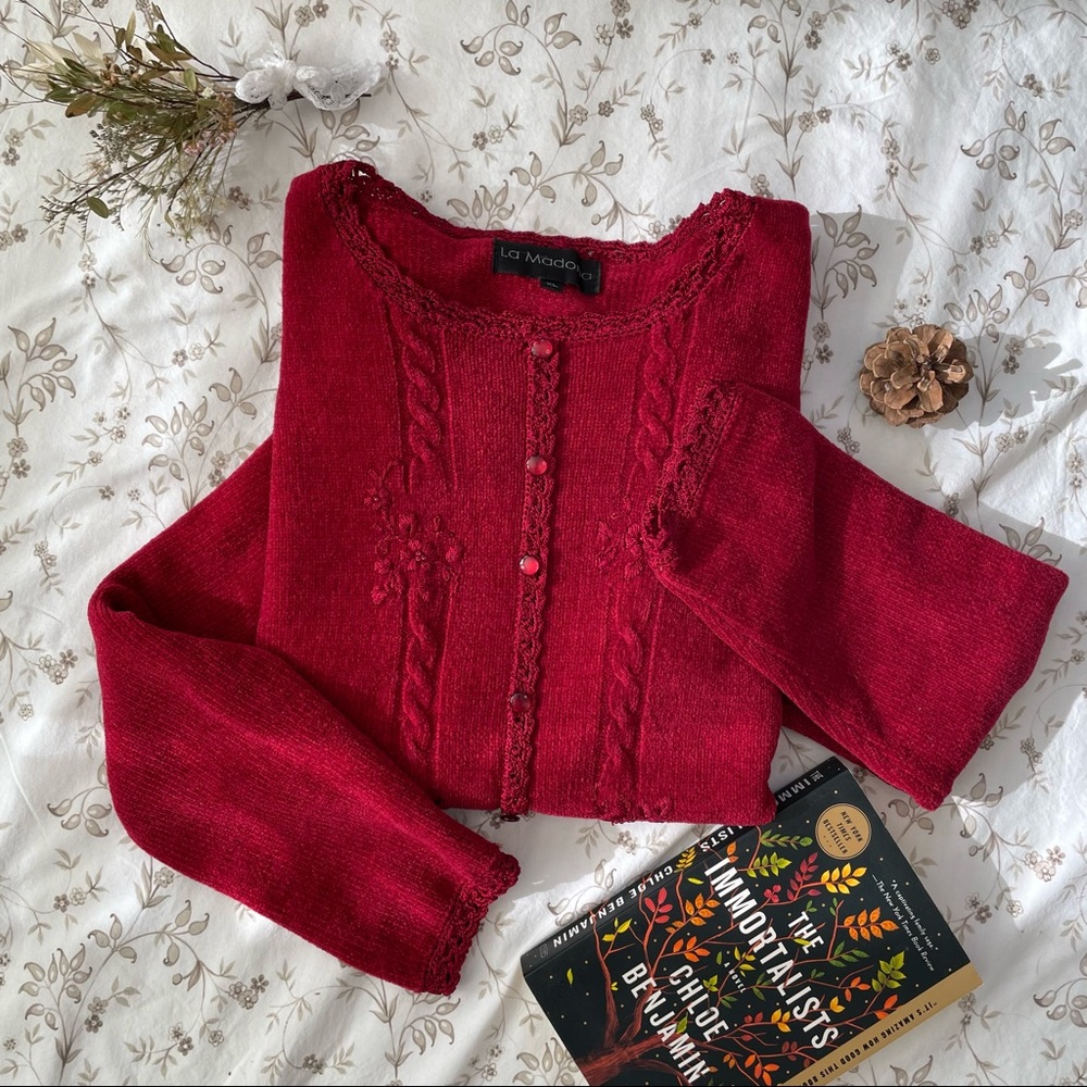 vintage chenille embroidered faux cardigan sweater
